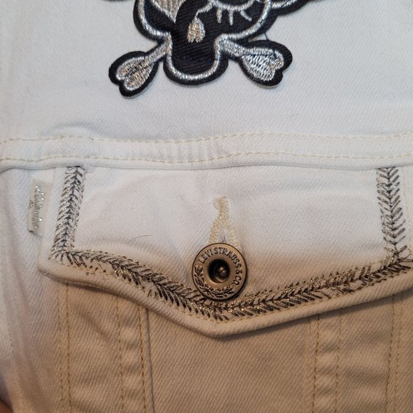 Levis White Denim Jacket Journey Upcycle Patch Band Adult Size Large - Picture 8 of 9